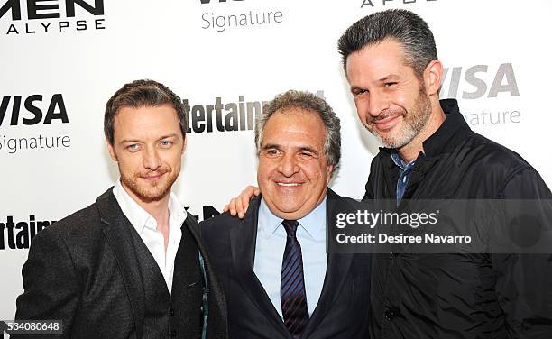 Actor James McAvoy, Chairman and CEO of 20th Century Fox Jim Gianopulos, and screenwriter/producer Simon Kinberg attend 'X-Men Apocalypse' New York...