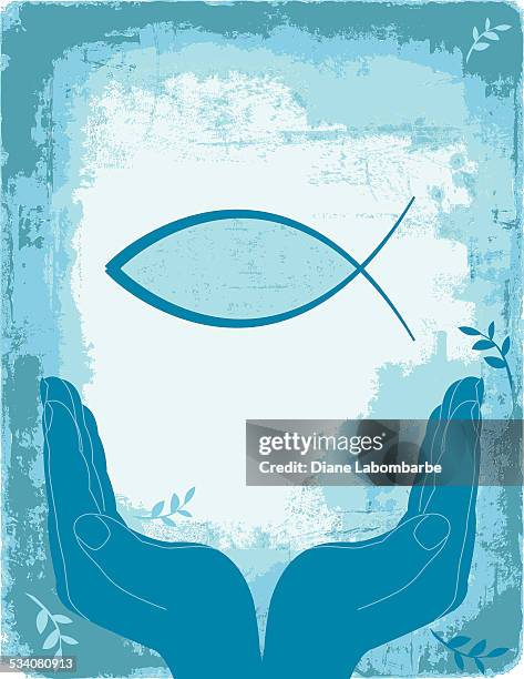 blue geschlossen hände mit christian fish - christentum stock-grafiken, -clipart, -cartoons und -symbole