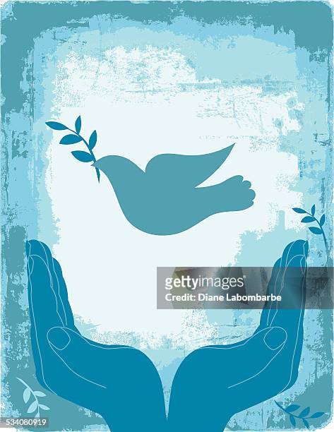 ilustraciones, imágenes clip art, dibujos animados e iconos de stock de manos ahuecadas azul con palomas de la paz - peace sign