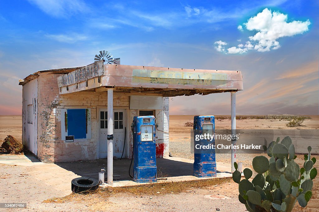 Retro Style Scene of old gas station in Arizona Desert