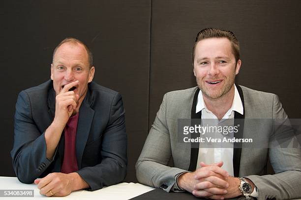 Woody Harrelson and magician Keith Barry at the "Now You See Me 2" press conference at the Mandarin Oriental Hotel on May 23, 2016 in New York City.