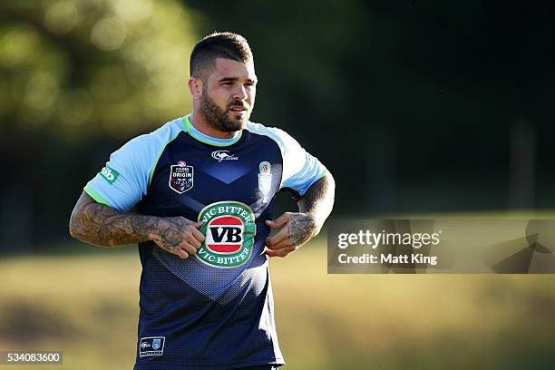 Adam Reynolds of the Blues looks on during a New South Wales Blues State of Origin training session on May 25, 2016 in Coffs Harbour, Australia.