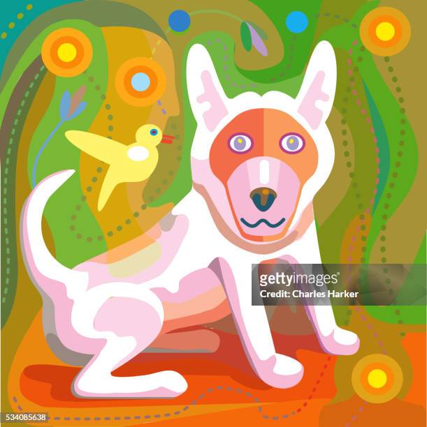 illustration of a white dog with green background - house clip art stock illustrations