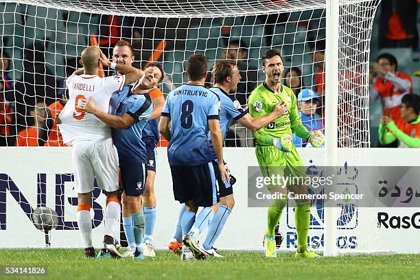 Vedran Janjetovic of Sydney FC celebrates saving a penalty during the AFC Asian Champions League match between Sydney FC and Shandong Luneng at...