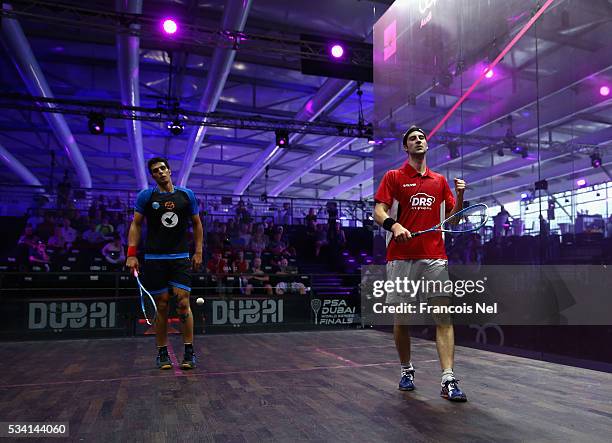 Simon Rosner of Germany celebrates after beating Omar Mosaad of Egypt during day two of the PSA Dubai World Series Finals 2016 at Burj Park on May...