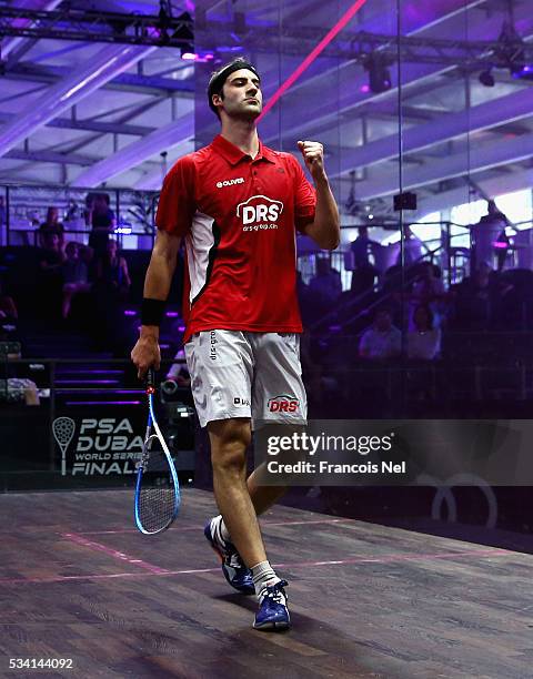 Simon Rosner of Germany celebrates after beating Omar Mosaad of Egypt during day two of the PSA Dubai World Series Finals 2016 at Burj Park on May...