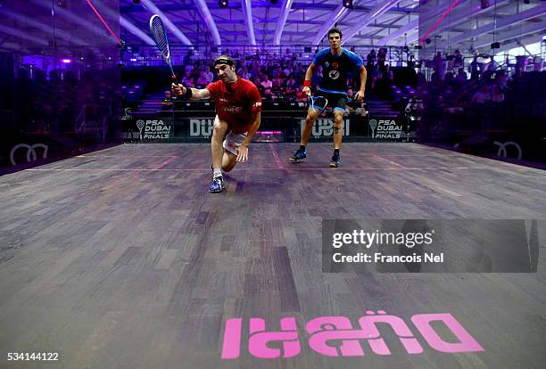 Simon Rosner of Germany competes against Omar Mosaad of Egypt during day two of the PSA Dubai World Series Finals 2016 at Burj Park on May 25, 2016...