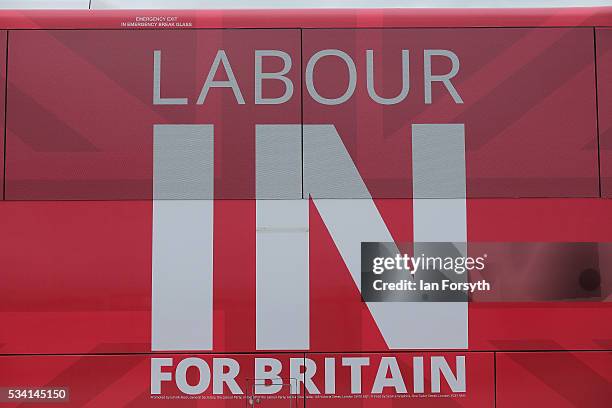 The Labour In for Britain battle bus is parked outside the Hitachi Rail Europe site during a visit by Alan Johnson MP who is chair of the Labour In...