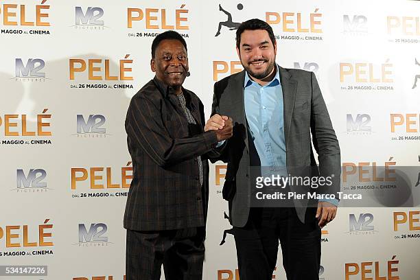 Edson Arantes do Nascimento aka Pele and Ivan Orlic attend the 'Pele' photocall on May 25, 2016 in Milan, Italy.