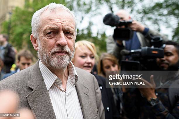 British opposition Labour Party leader Jeremy Corbyn joins steel workers following a protest march through central London on May 25, 2016. Britain's...