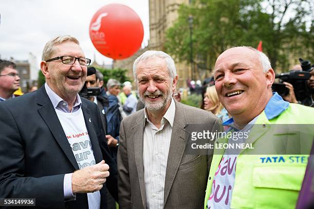 British oppostion Labour Party leader Jeremy Corbyn , reacts as he stands with Unite union General Secretary Len McCluskey , as they join steel...