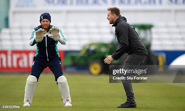 England wicketkeeper Jonny Bairstow chats with Newcastle United goalkeeper Rob Elliott during England Nets session ahead of the 2nd Investec Test...