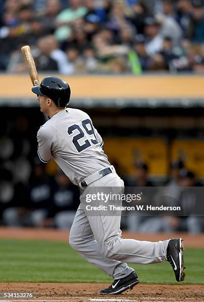 Dustin Ackley of the New York Yankees bats against the Oakland Athletics at O.co Coliseum on May 19, 2016 in Oakland, California.