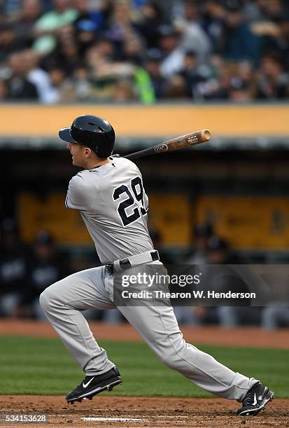 Dustin Ackley of the New York Yankees bats against the Oakland Athletics at O.co Coliseum on May 19, 2016 in Oakland, California.