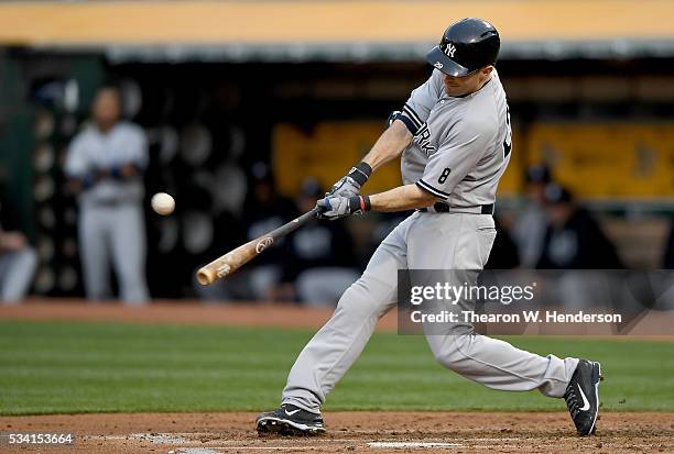 Dustin Ackley of the New York Yankees bats against the Oakland Athletics at O.co Coliseum on May 19, 2016 in Oakland, California.