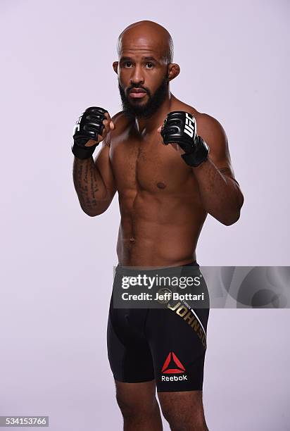 Flyweight champion Demetrious 'Mighty Mouse' Johnson poses for a portrait during a UFC photo session on September 1, 2015 in Las Vegas, Nevada.