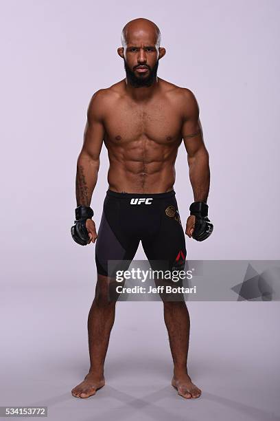 Flyweight champion Demetrious 'Mighty Mouse' Johnson poses for a portrait during a UFC photo session on September 1, 2015 in Las Vegas, Nevada.