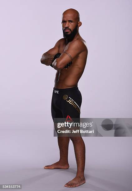 Flyweight champion Demetrious 'Mighty Mouse' Johnson poses for a portrait during a UFC photo session on September 1, 2015 in Las Vegas, Nevada.