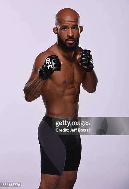 Flyweight champion Demetrious 'Mighty Mouse' Johnson poses for a portrait during a UFC photo session on September 1, 2015 in Las Vegas, Nevada.