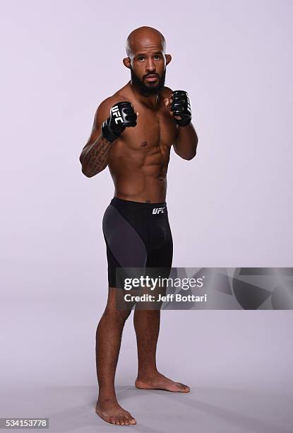 Flyweight champion Demetrious 'Mighty Mouse' Johnson poses for a portrait during a UFC photo session on September 1, 2015 in Las Vegas, Nevada.