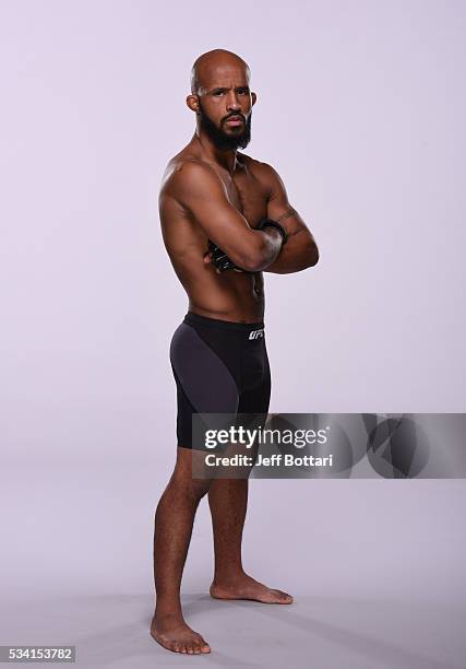 Flyweight champion Demetrious 'Mighty Mouse' Johnson poses for a portrait during a UFC photo session on September 1, 2015 in Las Vegas, Nevada.