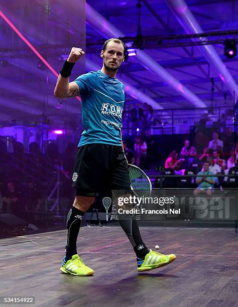 Gregory Gaultier of France celebrates after winning his match against Cameron Pilley of Australia during day two of the PSA Dubai World Series Finals...