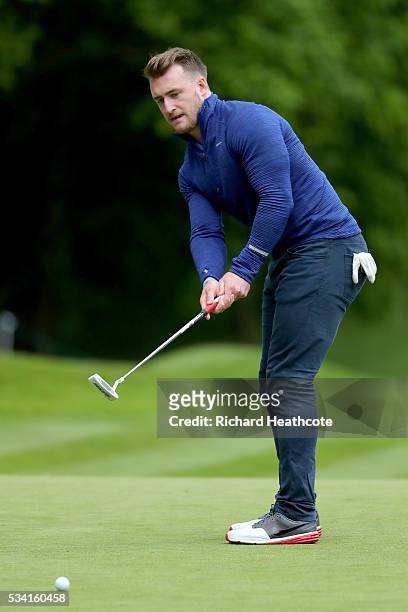 Rugby player Stuart Hogg in action during the Pro-Am prior to the BMW PGA Championship at Wentworth on May 25, 2016 in Virginia Water, England.