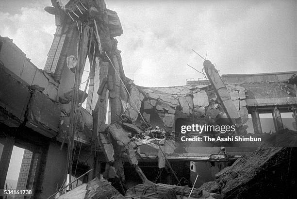 The roof of the Hiroshima Gas headquarters has been blown off by the atomic bomb in August, 1945 in Hiroshima, Japan. The world's first atomic bomb...