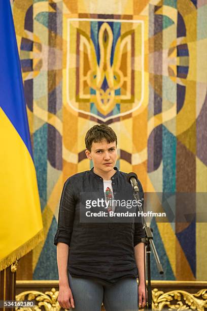 Ukrainian military pilot Nadiya Savchenko during an appearance to address the media along with Ukrainian president Petro Poroshenko at the...
