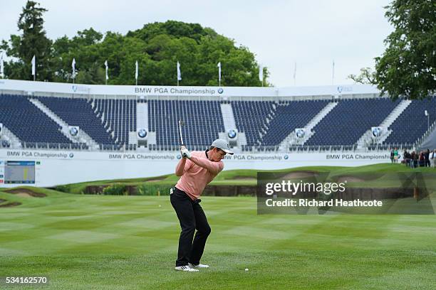 Austin Healey hits an approach during the Pro-Am prior to the BMW PGA Championship at Wentworth on May 25, 2016 in Virginia Water, England.