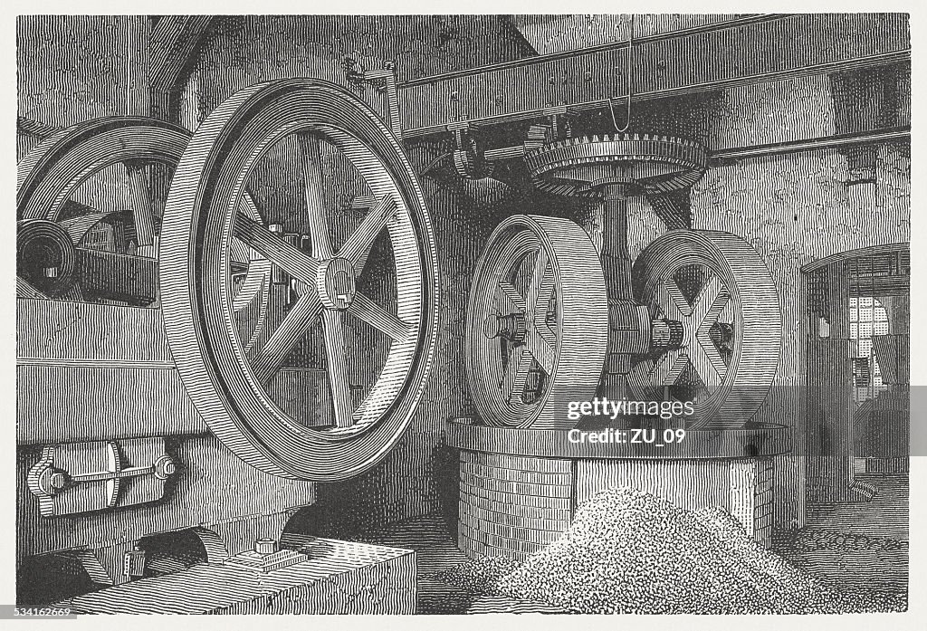 Grinding mill: crusher, wood engraving, published in 1882