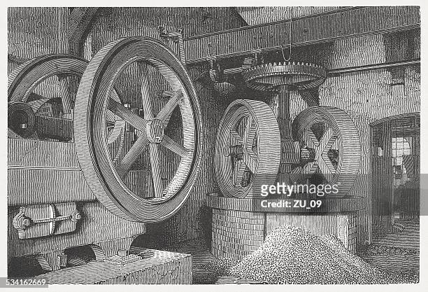 grinding mill: crusher, wood engraving, published in 1882 - grind stock illustrations