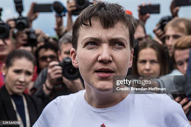 Ukrainian military pilot Nadiya Savchenko is surrounded by media upon her arrival at Kyiv Boryspil Airport on May 25, 2016 in Boryspil, Ukraine....