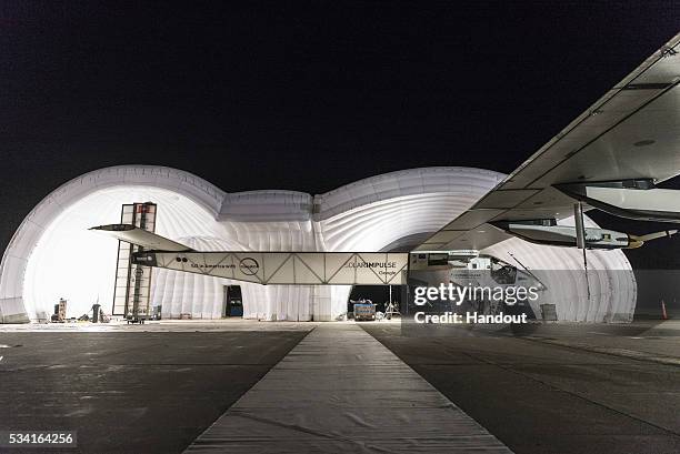 In this handout image supplied by SI2, Picture shows Solar Impulse 2, the solar airplane of Swiss pioneers Bertrand Piccard and AndrÃ© Borschberg, in...