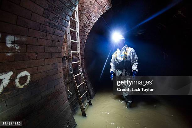 Sewer worker Harry Calder pictured in the Northern Outfall Sewer at Wick Lane depot on May 25, 2016 in London, England. The sewer was designed by...