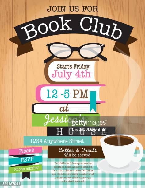 retro women's book club event invitation design template woodgrain background - book club stock illustrations