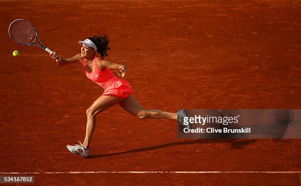 Agnieszka Radwanska of Poland plays a forehand during the Women's Singles second round match against Caroline Garcia of France on day four of the...