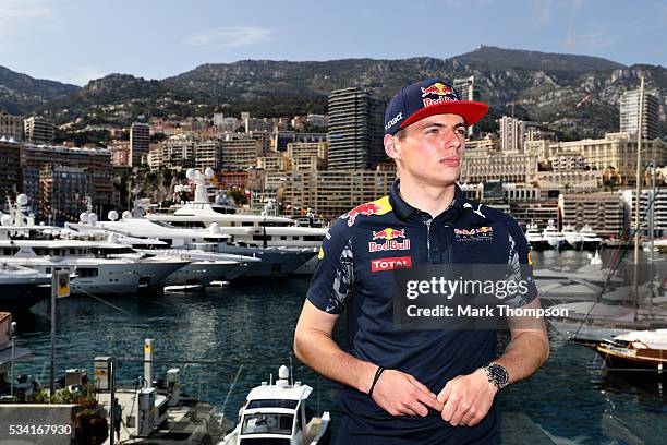 Max Verstappen of Netherlands and Red Bull Racing on top of the Red Bull Racing Energy Station overlooking the harbour during previews to the Monaco...