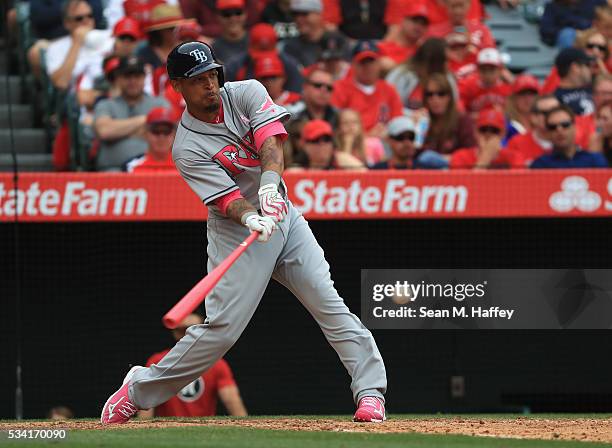 Desmond Jennings of the Tampa Bay Rays swings during the inning of a baseball game between the Los Angeles Angels of Anaheim and Tampa Bay Rays at...