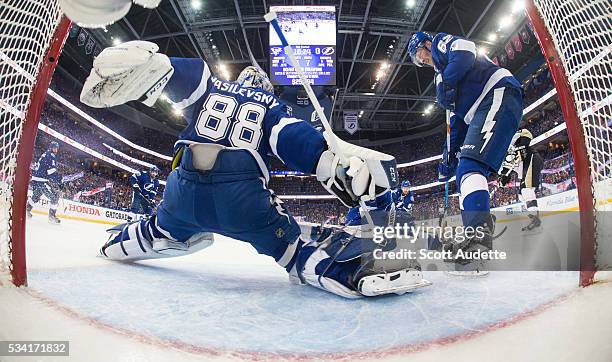 Goalie Andrei Vasilevskiy of the Tampa Bay Lightning tends net against the Pittsburgh Penguins during the third period of Game Three of the Eastern...