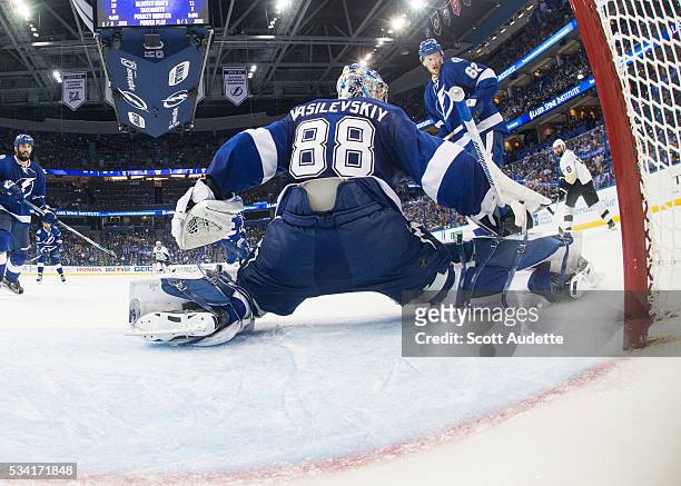 Goalie Andrei Vasilevskiy of the Tampa Bay Lightning tends net against the Pittsburgh Penguins during the third period of Game Three of the Eastern...