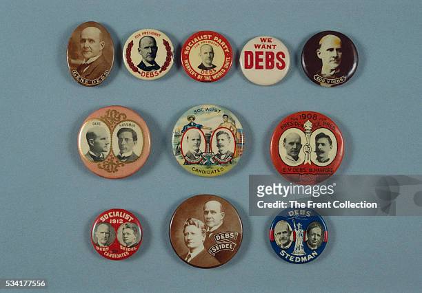 Eugene Debs campaign pins from the 1908 United State presidential election.