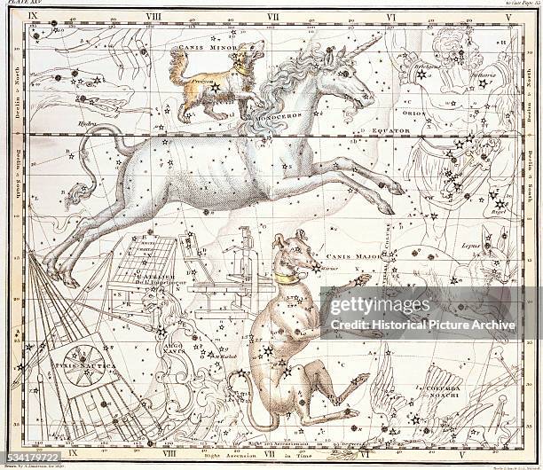 "Constellations of Monoceros the Unicorn, Canis Major and Minor from A Celestial Atlas by Alexander Jamieson "