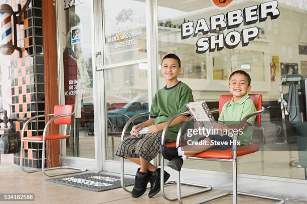 two boys smiling - barber shop 3 stock pictures, royalty-free photos & images