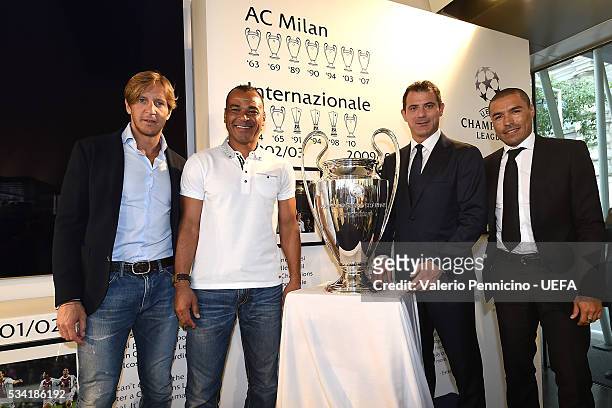 Massimo Ambrosini, Cafu, Dejan Stankovic an Ivan Ramiro Cordoba pose for a photo during the Festival Gallery prior to the UEFA Champions League Final...