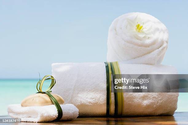 bath towels and bar soap - barbade stock-fotos und bilder