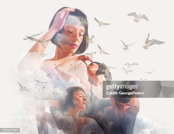 spiritual woman, clouds and birds - releasing doves stock illustrations