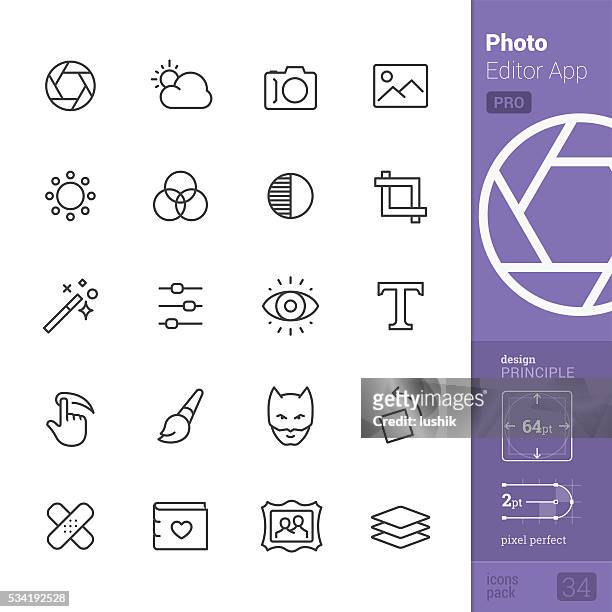 foto-editor app kontur, vektor-icons-pro packung - fotografische themen stock-grafiken, -clipart, -cartoons und -symbole