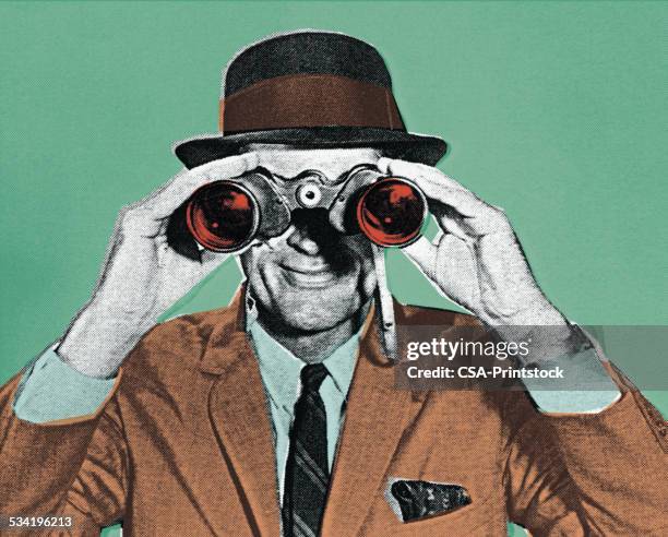 illustrazioni stock, clip art, cartoni animati e icone di tendenza di uomo guarda attraverso il binocolo - detectives