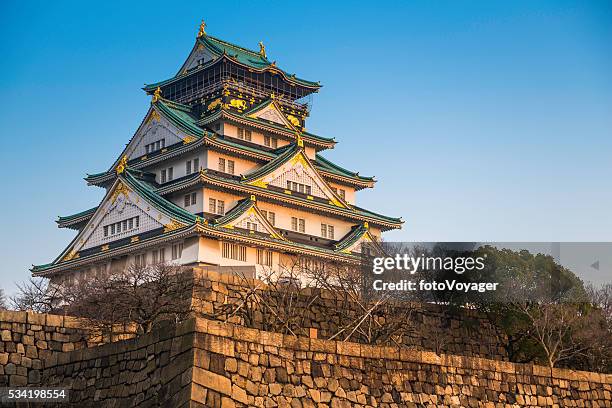 le château d'osaka éclairé par la chaude lumière de coucher de soleil japon - château dosaka photos et images de collection